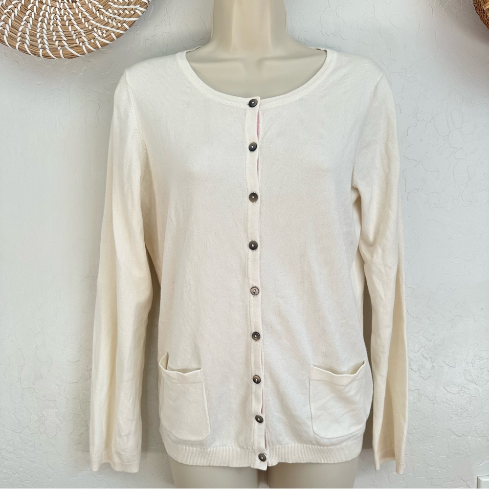 Boden Cream Button-Up Women's Cardigan with pink trim. Size 6